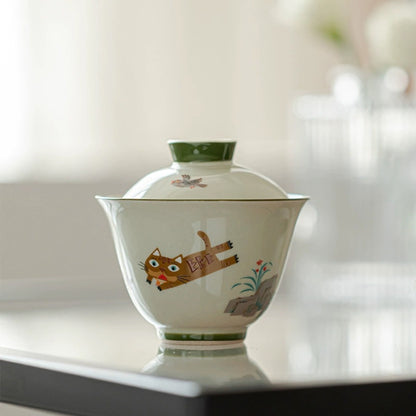 Hand-Painted Gaiwan – Cat Chases Bird Celadon Tea Bowl 150ml