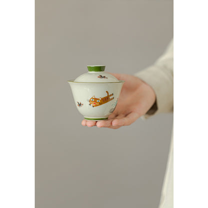 Hand-Painted Gaiwan – Cat Chases Bird Celadon Tea Bowl 150ml