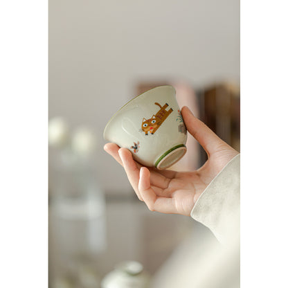 Hand-Painted Gaiwan – Cat Chases Bird Celadon Tea Bowl 150ml