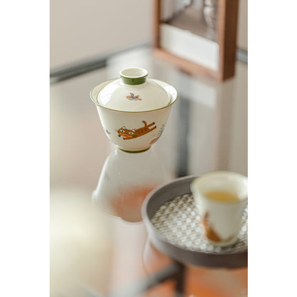 Hand-Painted Gaiwan – Cat Chases Bird Celadon Tea Bowl 150ml
