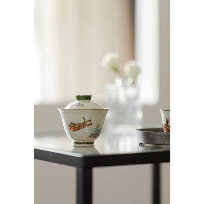 Hand-Painted Gaiwan – Cat Chases Bird Celadon Tea Bowl 150ml